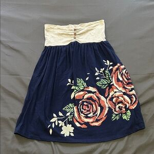 Rewind Navy and Cream Floral A-Line Skirt
